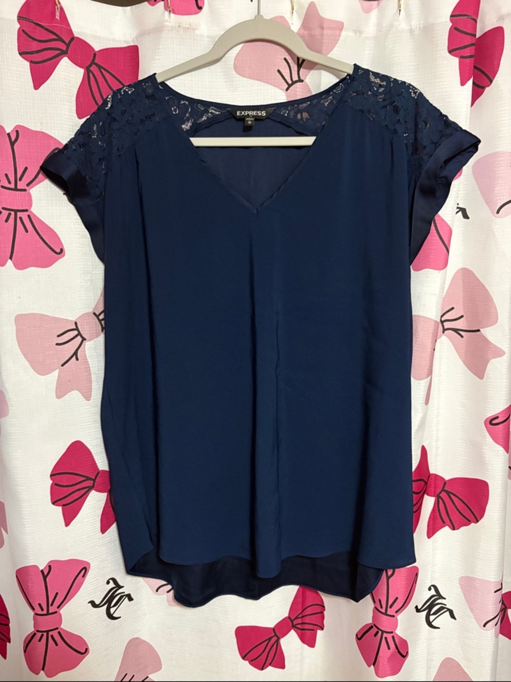 Express Navy V-Neck Blouse with Lace Shoulder Detail